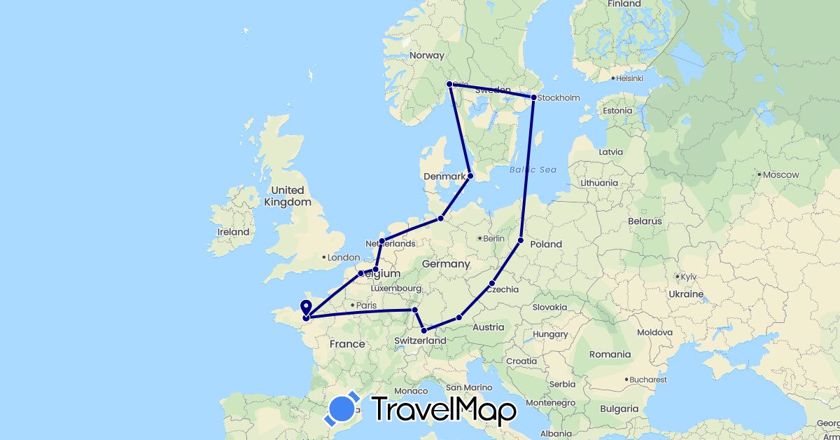 TravelMap itinerary: driving in Belgium, Switzerland, Czech Republic, Germany, Denmark, France, Netherlands, Norway, Poland, Sweden (Europe)